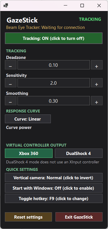 GazeStick settings popup